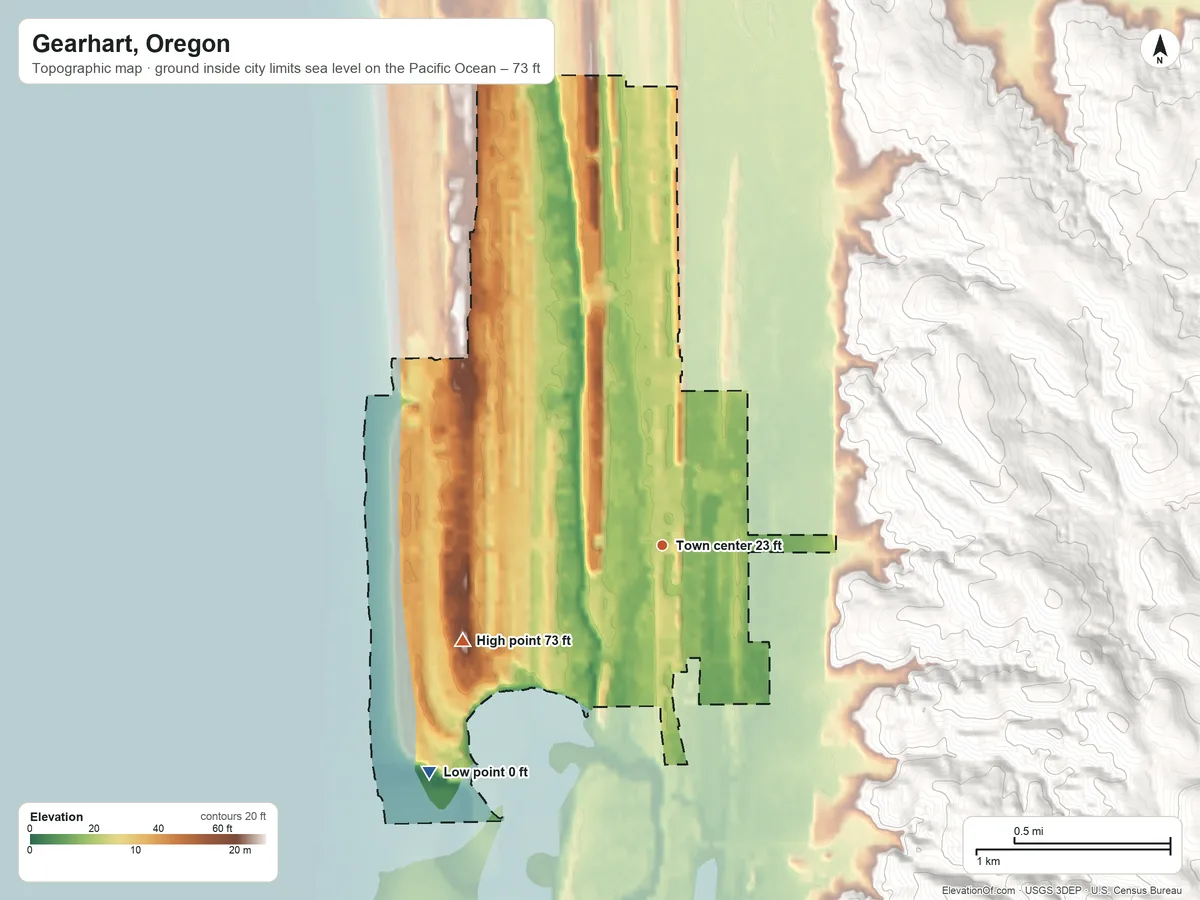 Topographic elevation map of Gearhart, Oregon, shaded from sea level level on the Pacific Ocean to 73 ft on the southwest edge, below higher ground just outside