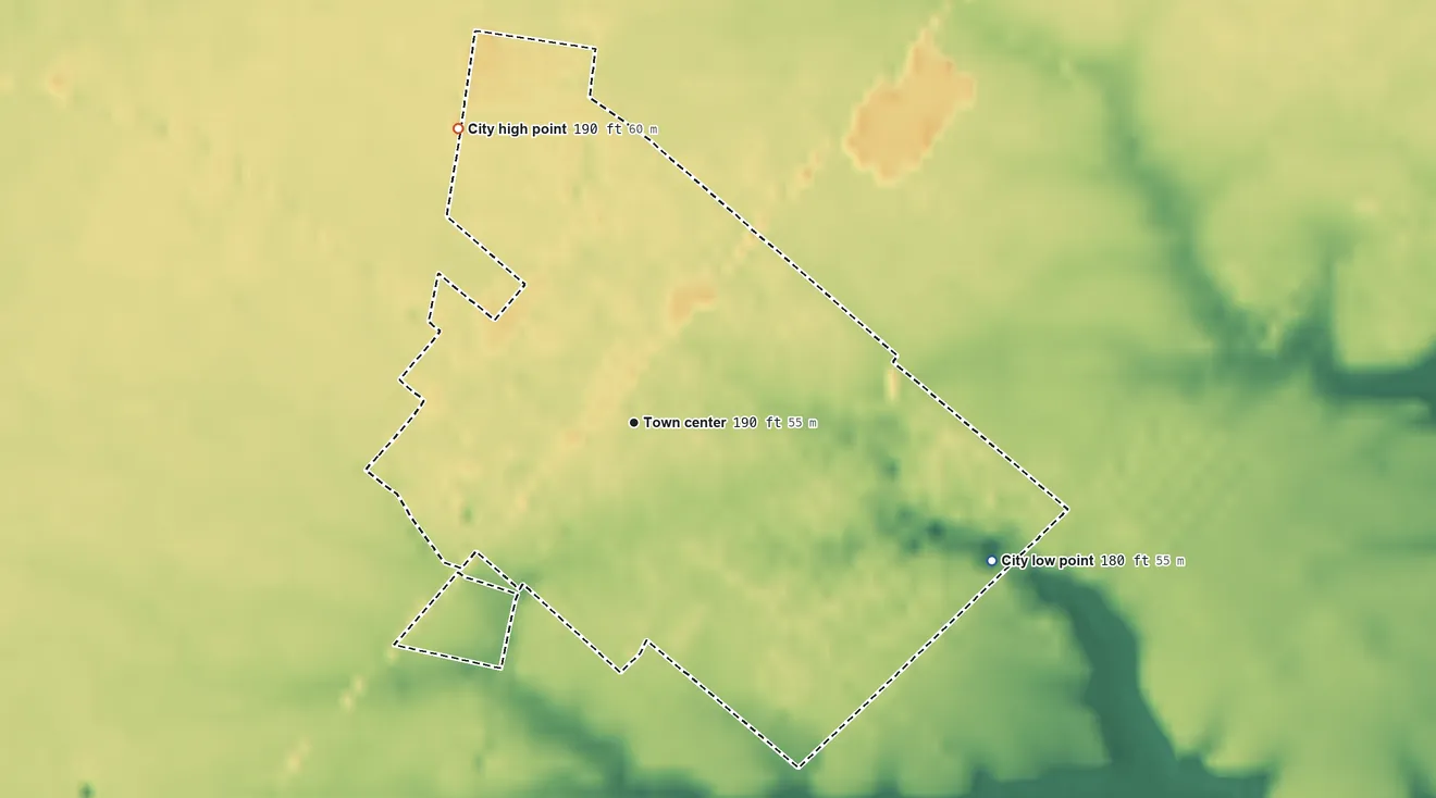 Topographic elevation map of Gervais, Oregon, shaded from 180 ft on the east side to 190 ft on the northwest side
