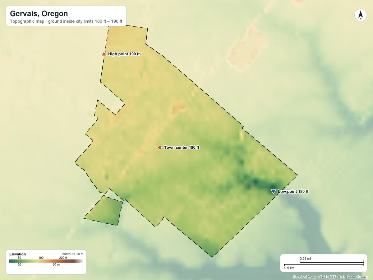 Topographic elevation map of Gervais, Oregon, shaded from 180 ft on the east side to 190 ft on the northwest side