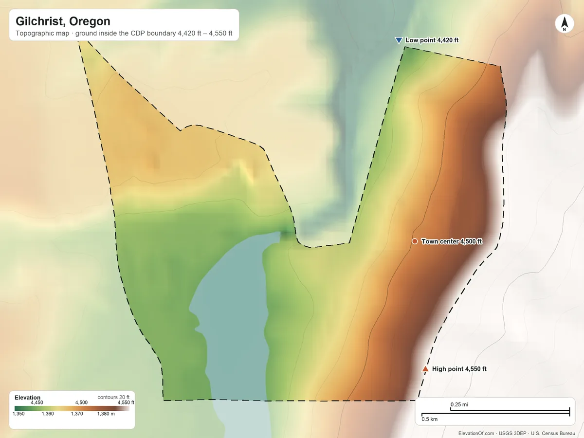 Topographic elevation map of Gilchrist, Oregon, shaded from 4,420 ft on the north side to 4,550 ft on the south edge, below higher ground just outside