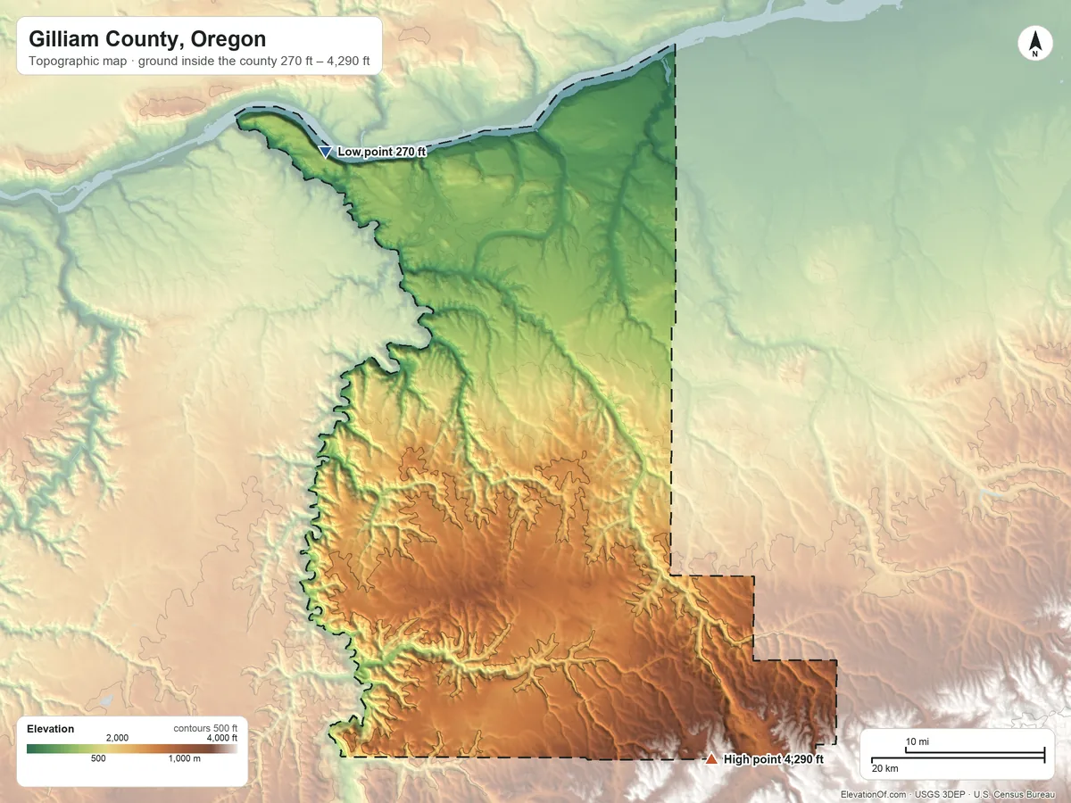 Topographic elevation map of Gilliam County, Oregon, shaded from 270 ft on the northwest side to 4,290 ft on the southeast side