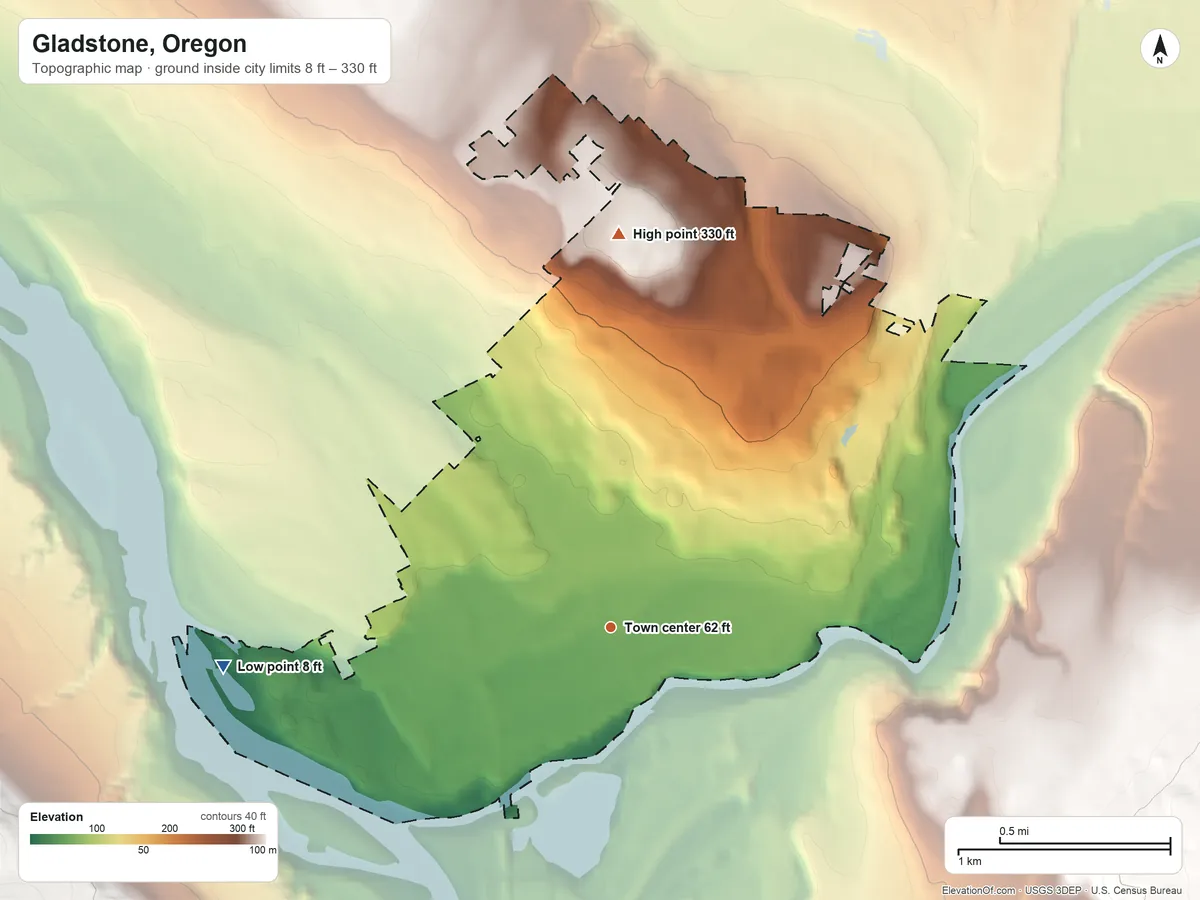 Topographic elevation map of Gladstone, Oregon, shaded from 8 ft on the west side to 330 ft on the north side