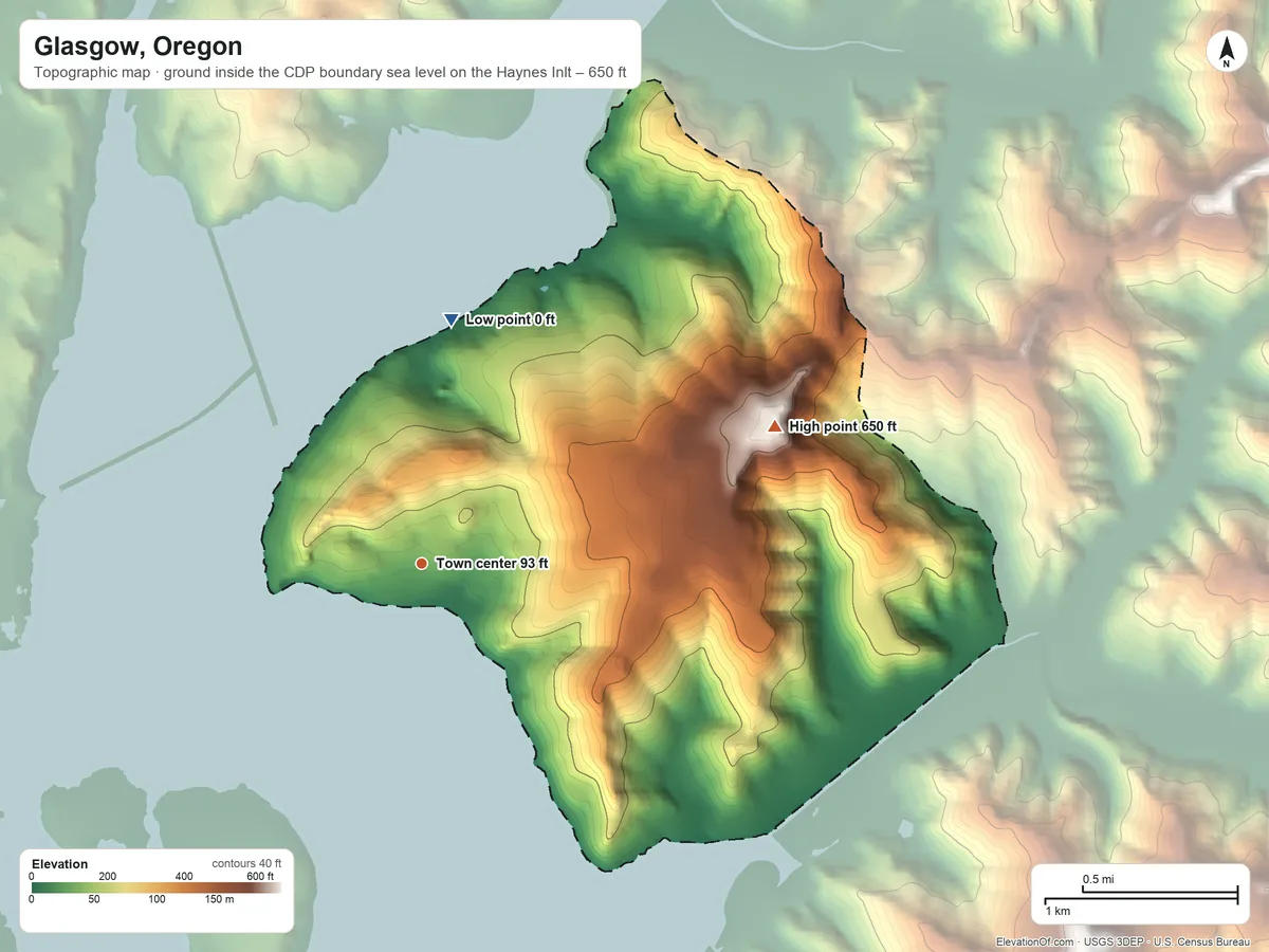 Topographic elevation map of Glasgow, Oregon, shaded from sea level level on Haynes Inlet to 650 ft on the east side