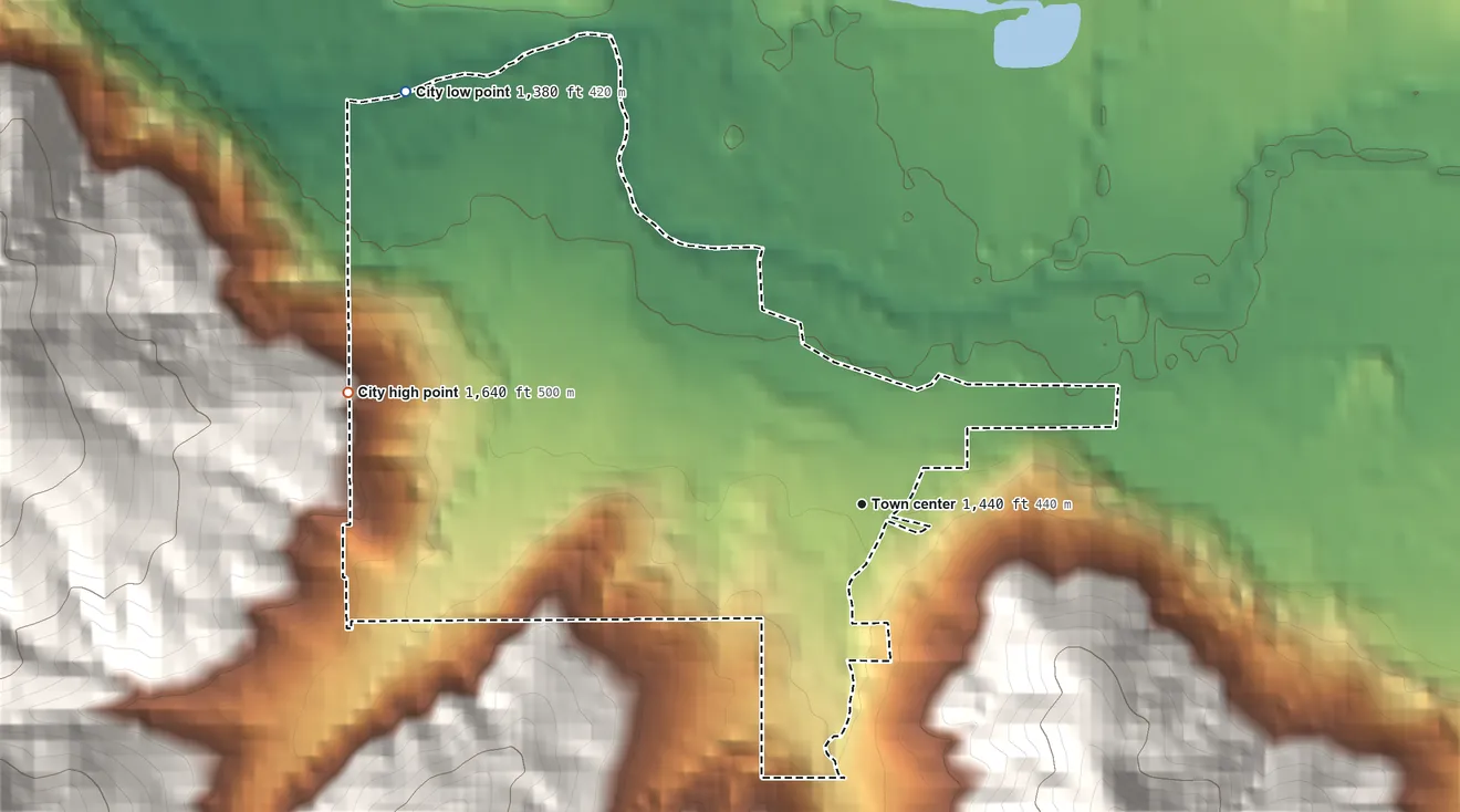 Topographic elevation map of Glendale, Oregon, shaded from 1,380 ft on the northwest side to 1,640 ft on the west edge, below higher ground just outside