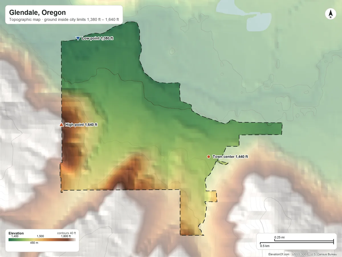 Topographic elevation map of Glendale, Oregon, shaded from 1,380 ft on the northwest side to 1,640 ft on the west edge, below higher ground just outside