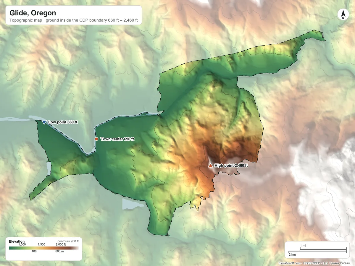Topographic elevation map of Glide, Oregon, shaded from 660 ft on the west side to 2,460 ft on the east side