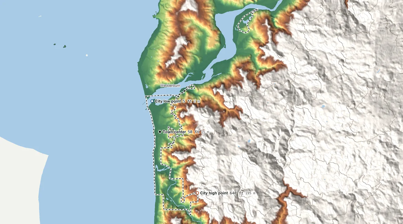 Topographic elevation map of Gold Beach, Oregon, shaded from 5 ft on the north side to 640 ft on the southeast edge, below higher ground just outside