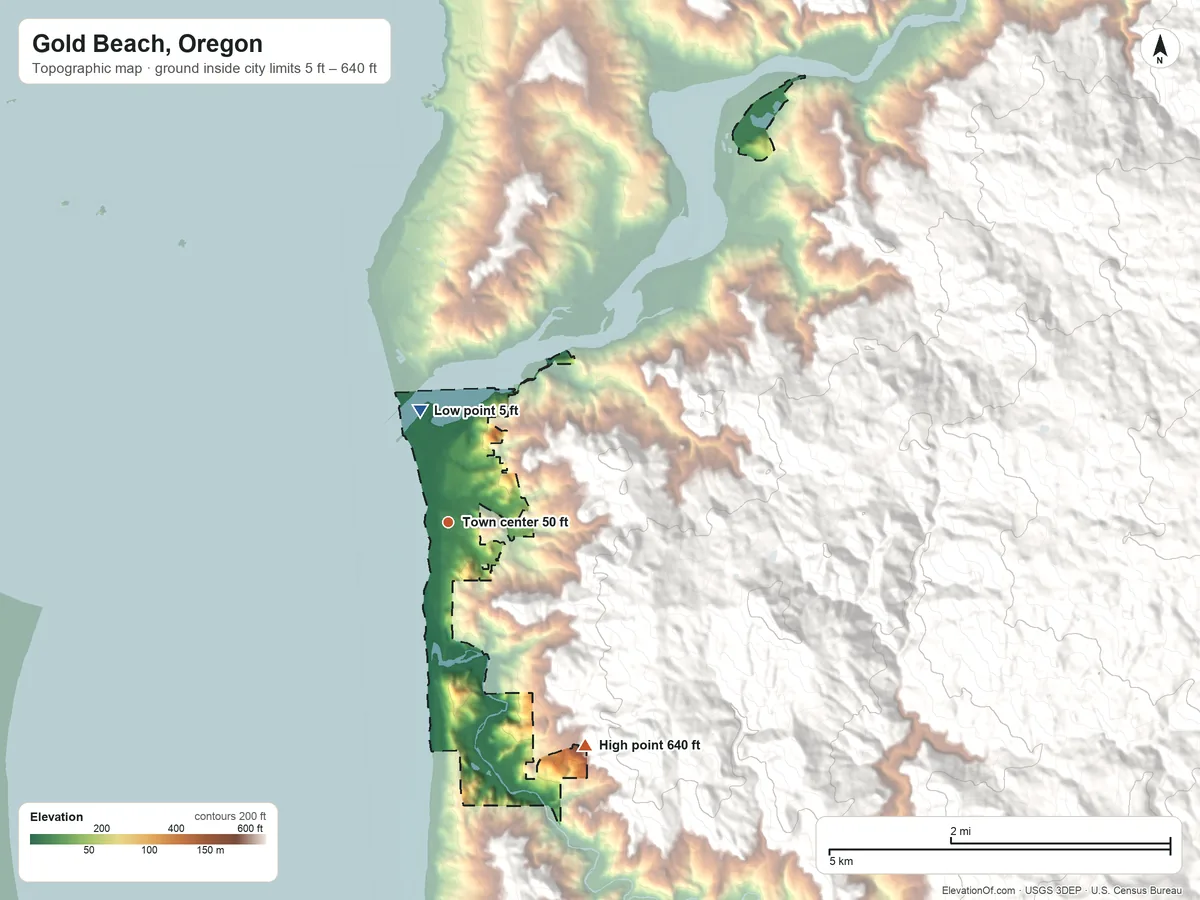 Topographic elevation map of Gold Beach, Oregon, shaded from 5 ft on the north side to 640 ft on the southeast edge, below higher ground just outside
