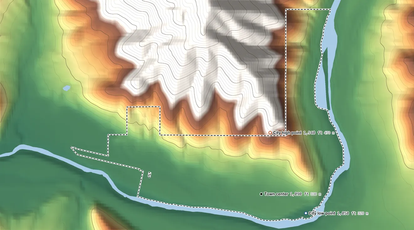 Topographic elevation map of Gold Hill, Oregon, shaded from 1,050 ft on the southeast side to 1,540 ft on the north edge, below higher ground just outside
