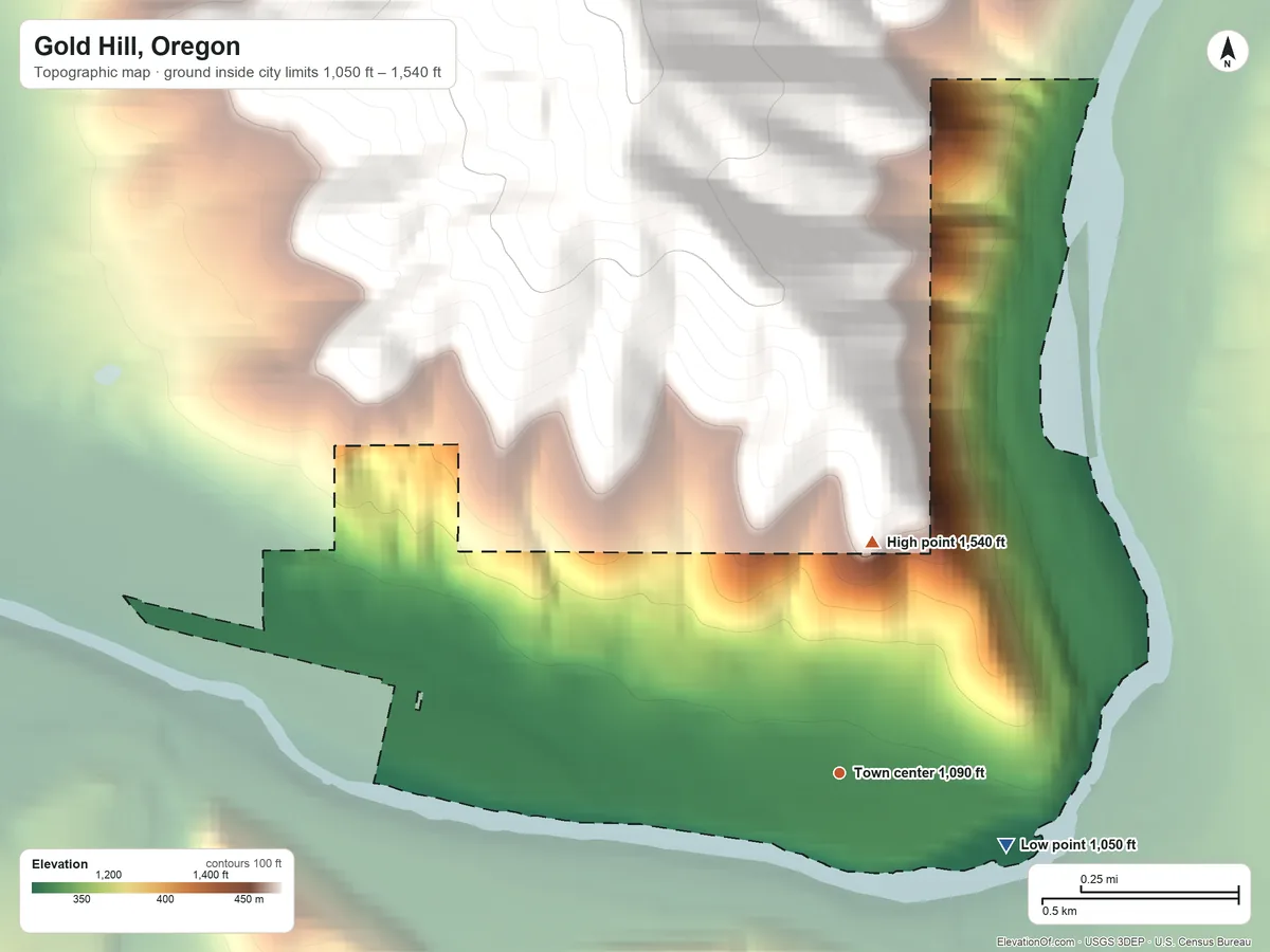 Topographic elevation map of Gold Hill, Oregon, shaded from 1,050 ft on the southeast side to 1,540 ft on the north edge, below higher ground just outside