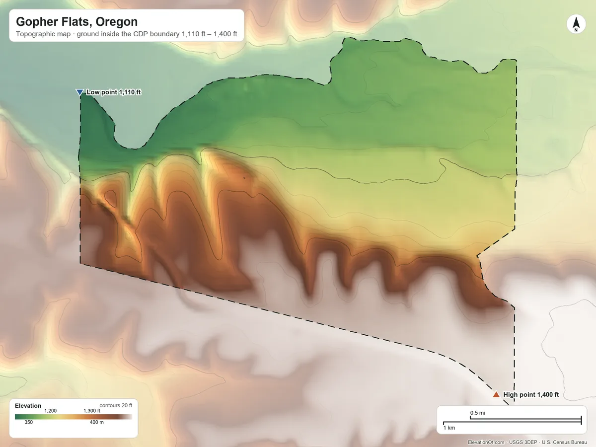 Topographic elevation map of Gopher Flats, Oregon, shaded from 1,110 ft on the west side to 1,400 ft on the southeast side