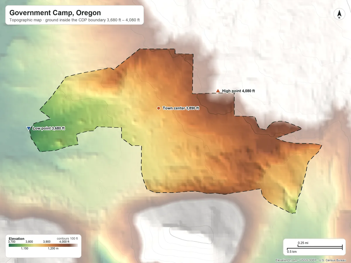 Topographic elevation map of Government Camp, Oregon, shaded from 3,680 ft on the west side to 4,080 ft on the east edge, below higher ground just outside