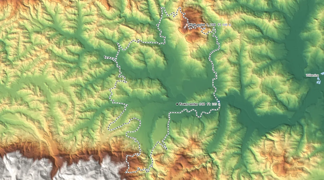 Topographic elevation map of Grand Ronde, Oregon, shaded from 280 ft on the east side to 1,780 ft on Spirit Mountain