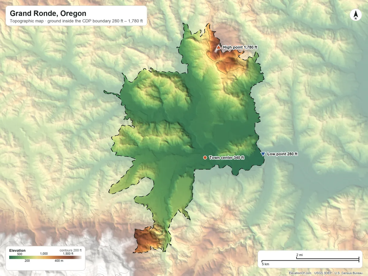 Topographic elevation map of Grand Ronde, Oregon, shaded from 280 ft on the east side to 1,780 ft on Spirit Mountain