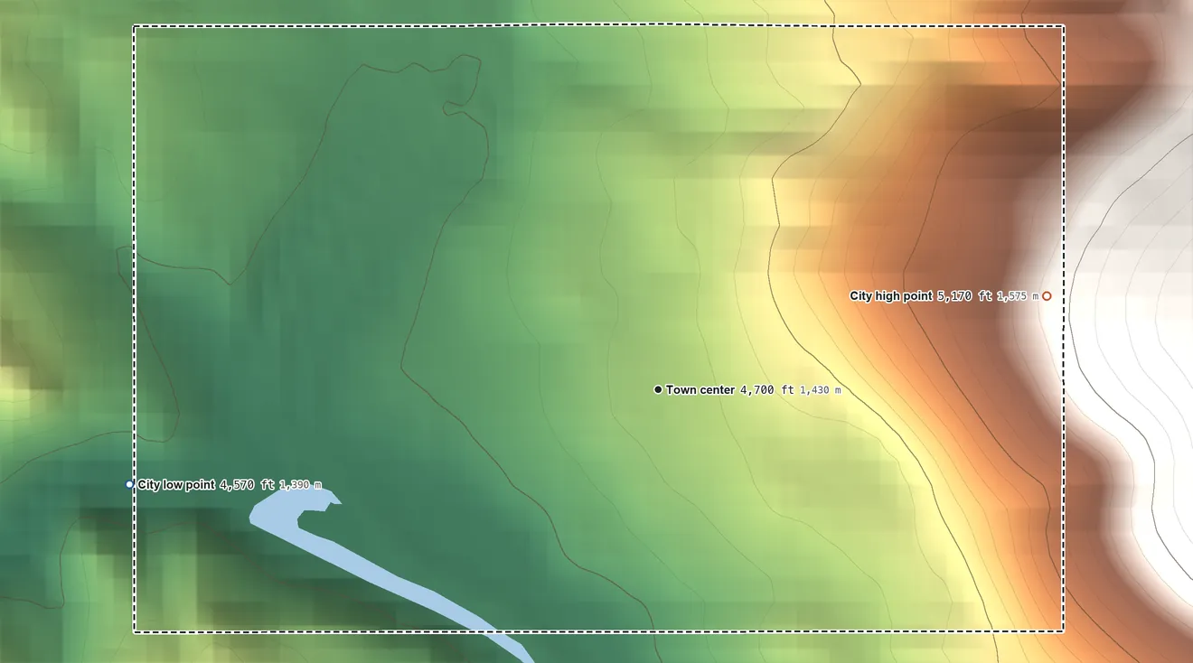 Topographic elevation map of Granite, Oregon, shaded from 4,570 ft on the west side to 5,170 ft at the foot of the Greenhorn Mountains