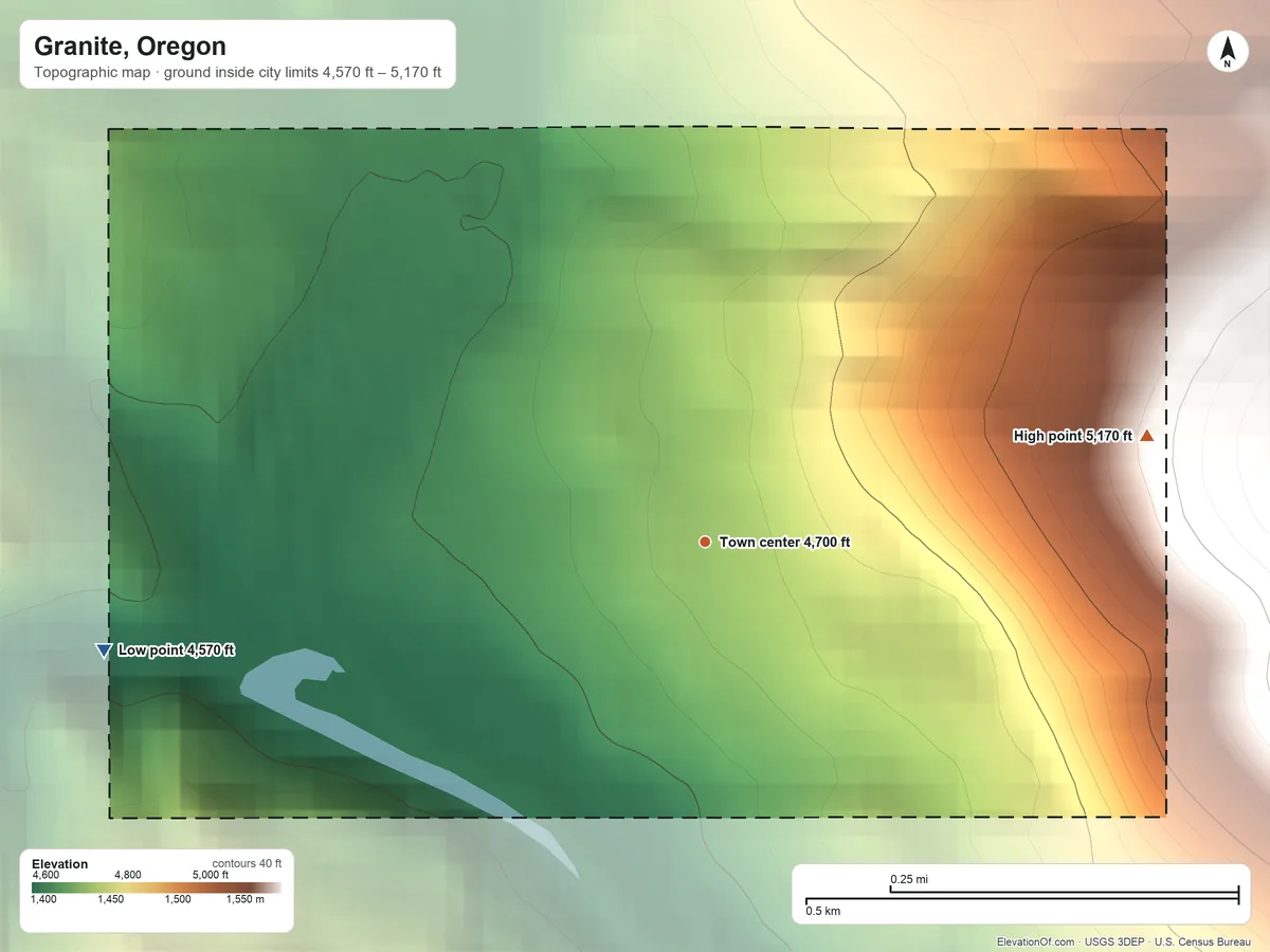 Topographic elevation map of Granite, Oregon, shaded from 4,570 ft on the west side to 5,170 ft at the foot of the Greenhorn Mountains