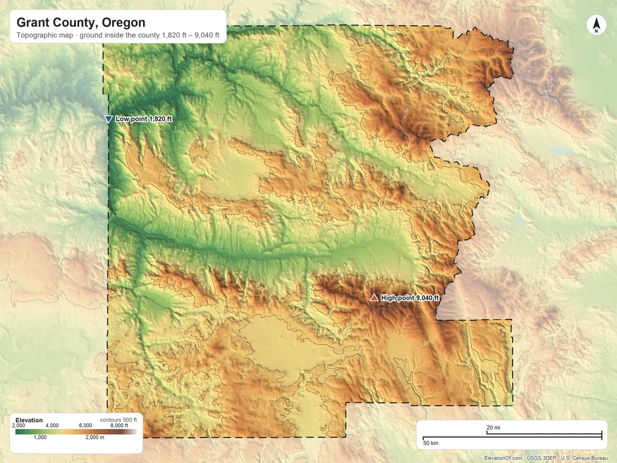 Topographic elevation map of Grant County, Oregon, shaded from 1,820 ft on the northwest side to 9,040 ft on Strawberry Mountain