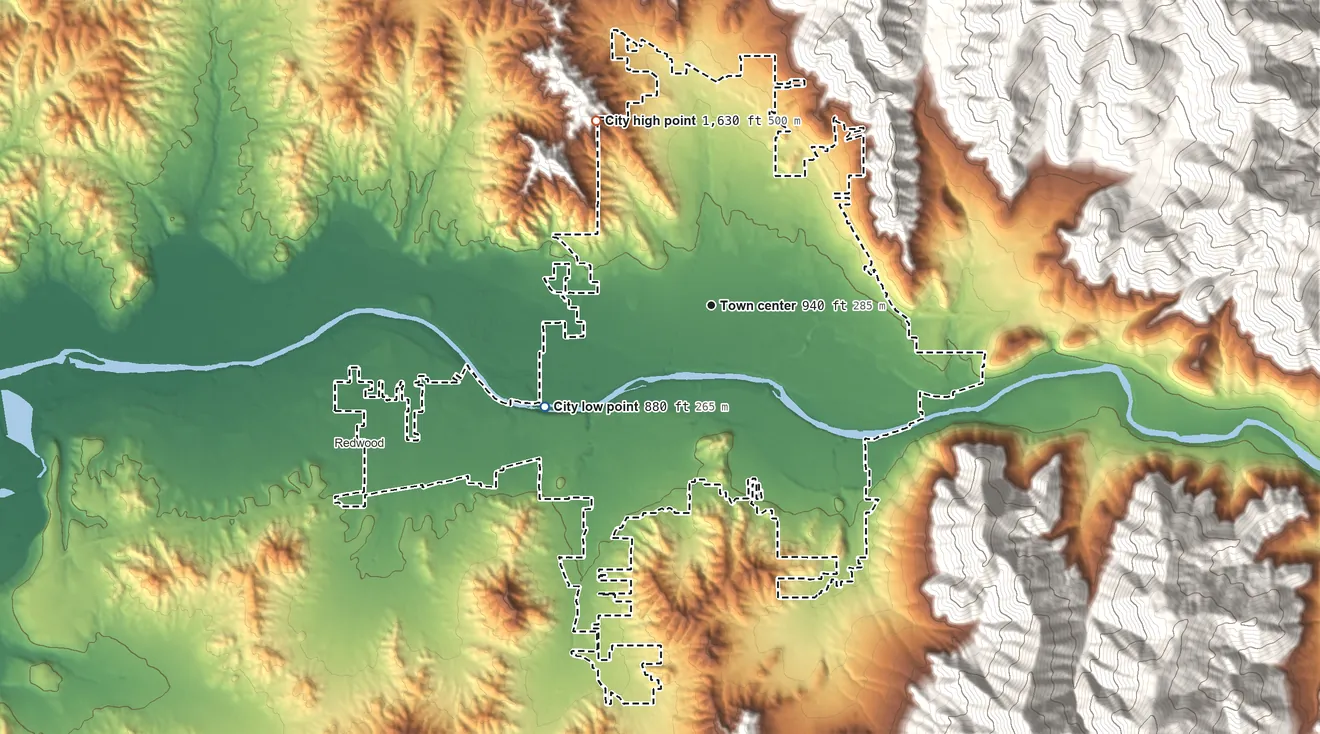 Topographic elevation map of Grants Pass, Oregon, shaded from 880 ft on the southwest side to 1,630 ft on the northwest edge, below higher ground just outside