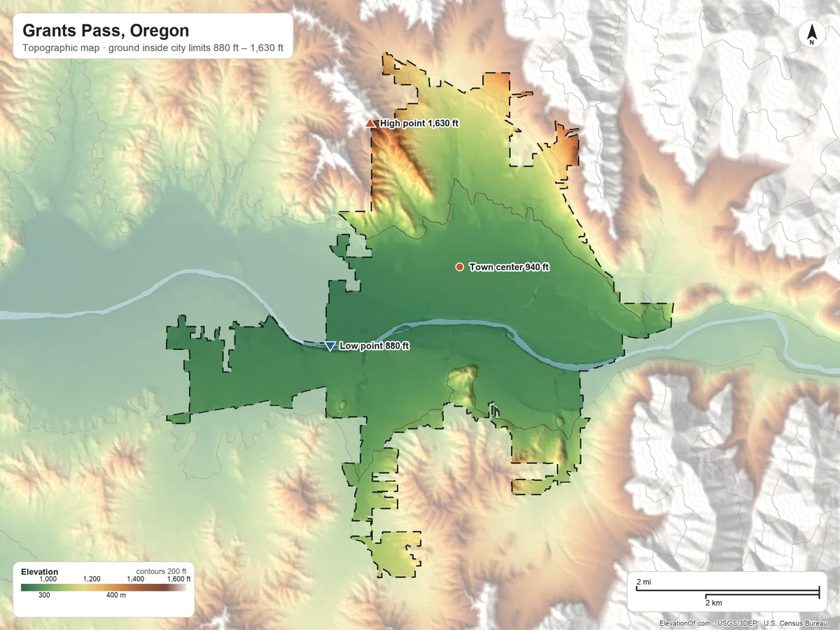 Topographic elevation map of Grants Pass, Oregon, shaded from 880 ft on the southwest side to 1,630 ft on the northwest edge, below higher ground just outside