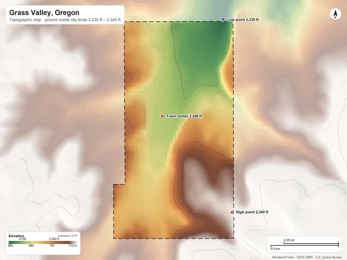 Topographic elevation map of Grass Valley, Oregon, shaded from 2,230 ft on the northeast side to 2,340 ft on the southeast side