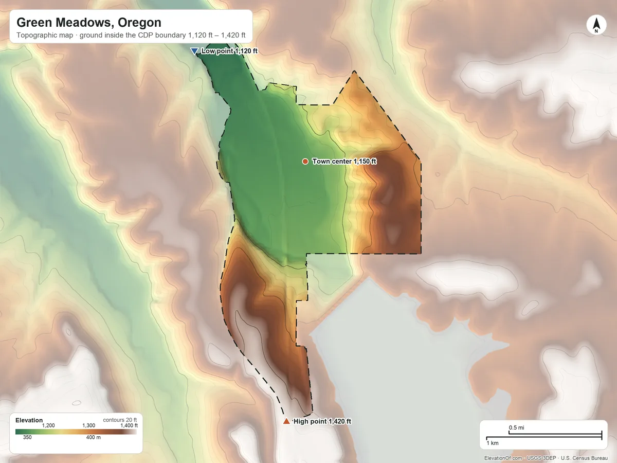 Topographic elevation map of Green Meadows, Oregon, shaded from 1,120 ft on the northwest side to 1,420 ft on the south side