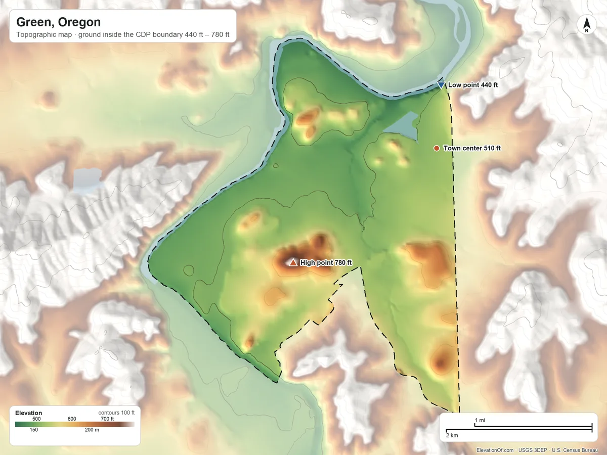 Topographic elevation map of Green, Oregon, shaded from 440 ft on the north side to 780 ft on the southwest edge, below higher ground just outside
