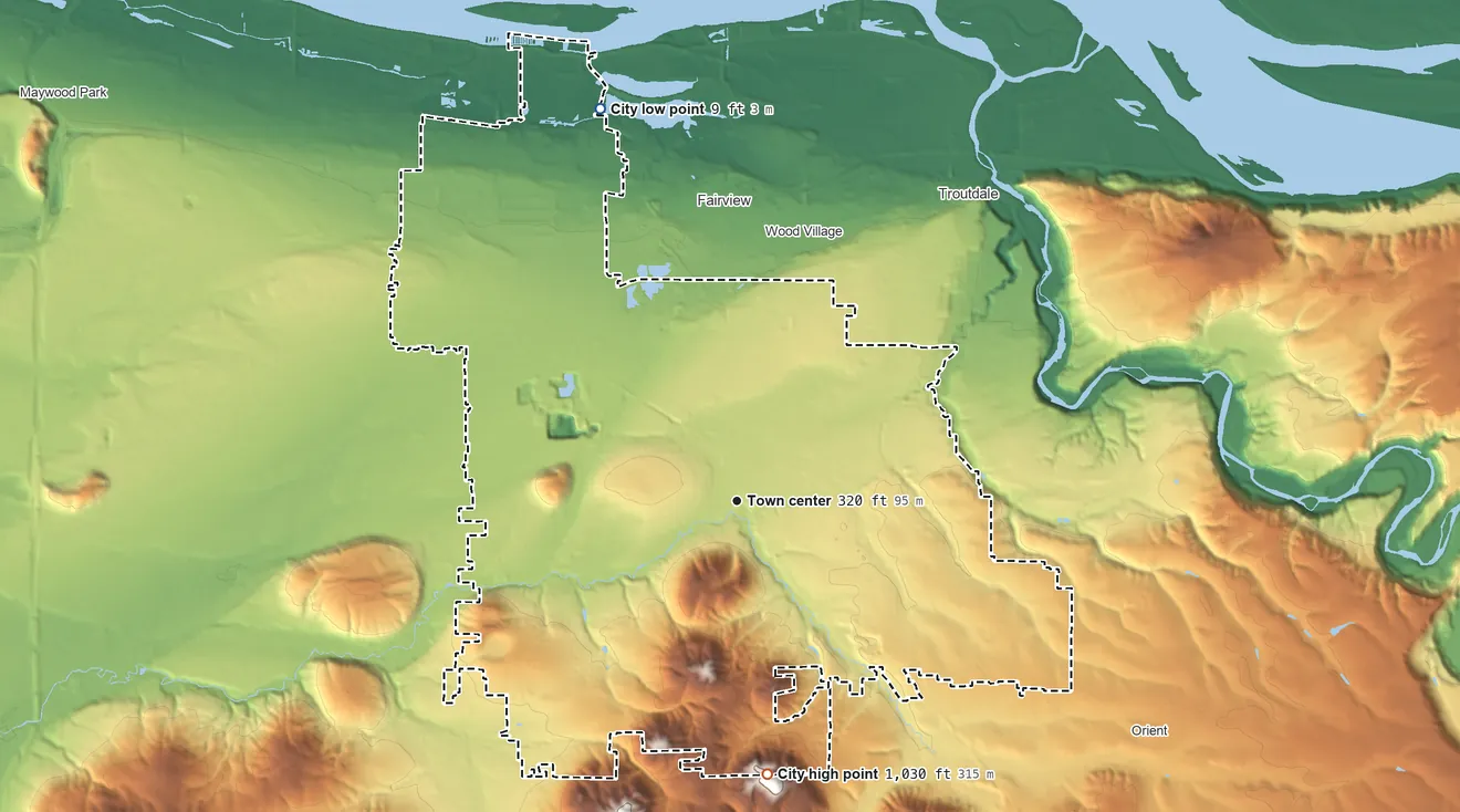 Topographic elevation map of Gresham, Oregon, shaded from 9 ft on the north side to 1,030 ft on the south side