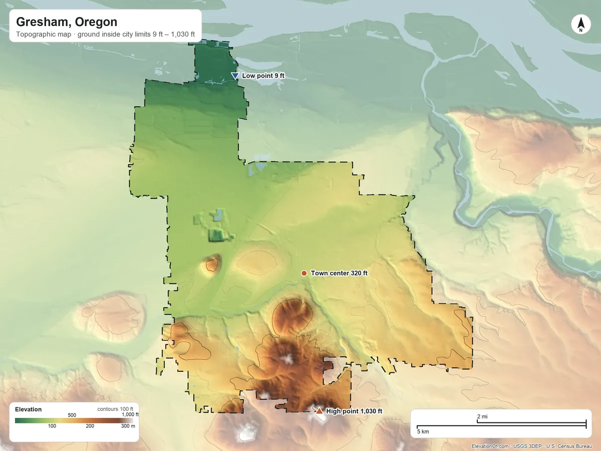 Topographic elevation map of Gresham, Oregon, shaded from 9 ft on the north side to 1,030 ft on the south side