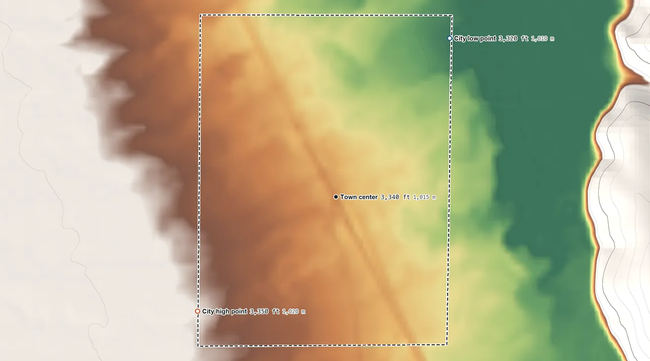 Topographic elevation map of Haines, Oregon, shaded from 3,320 ft on the northeast side to 3,350 ft on the southwest side