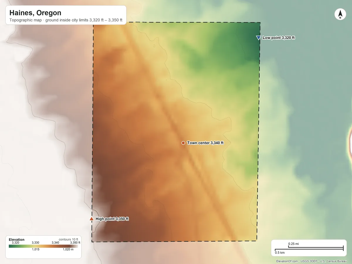 Topographic elevation map of Haines, Oregon, shaded from 3,320 ft on the northeast side to 3,350 ft on the southwest side