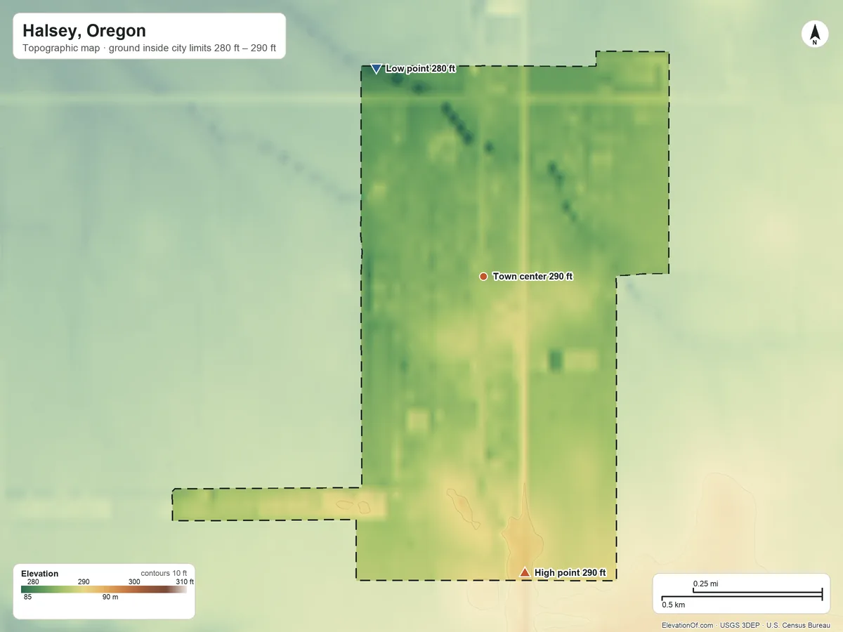 Topographic elevation map of Halsey, Oregon, shaded from 280 ft on the northwest side to 290 ft on the south side