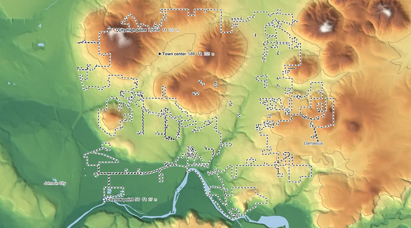Topographic elevation map of Happy Valley, Oregon, shaded from 56 ft on the south side to 1,091 ft on Mount Scott