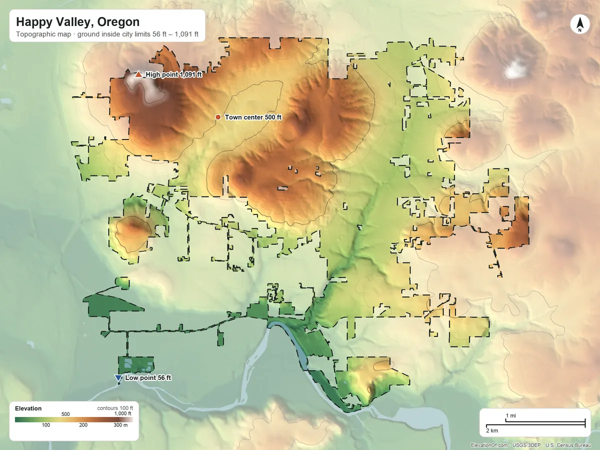 Topographic elevation map of Happy Valley, Oregon, shaded from 56 ft on the south side to 1,091 ft on Mount Scott