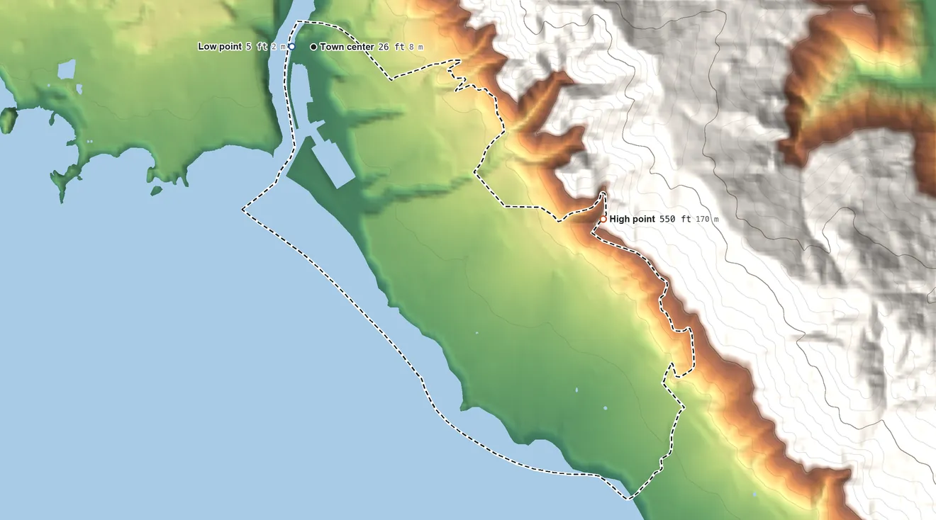 Topographic elevation map of Harbor, Oregon, shaded from 5 ft near the middle to 550 ft on the southeast edge, below higher ground just outside