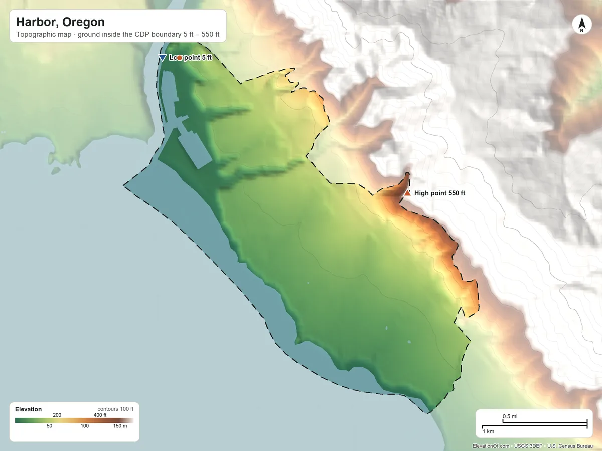 Topographic elevation map of Harbor, Oregon, shaded from 5 ft near the middle to 550 ft on the southeast edge, below higher ground just outside