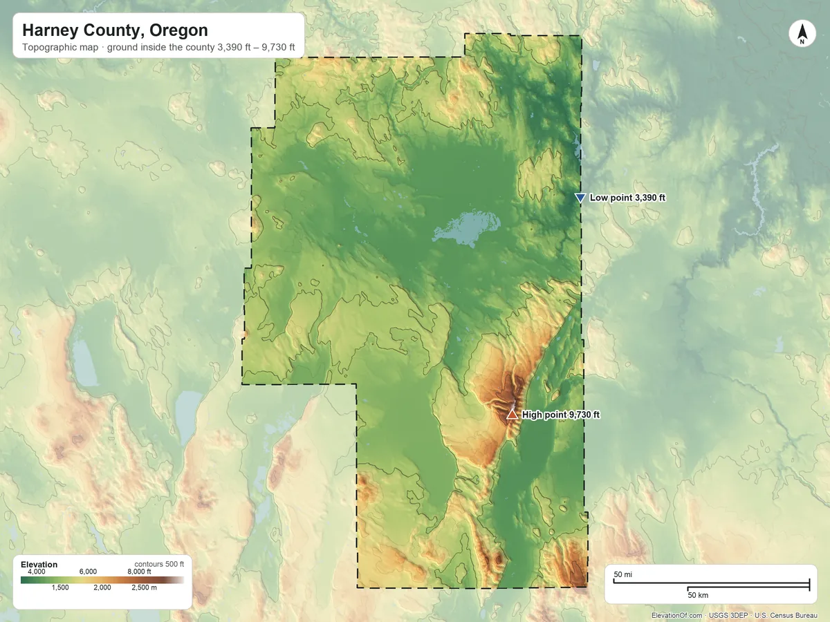 Topographic elevation map of Harney County, Oregon, shaded from 3,390 ft on the northeast side to 9,730 ft on Steens Mountain