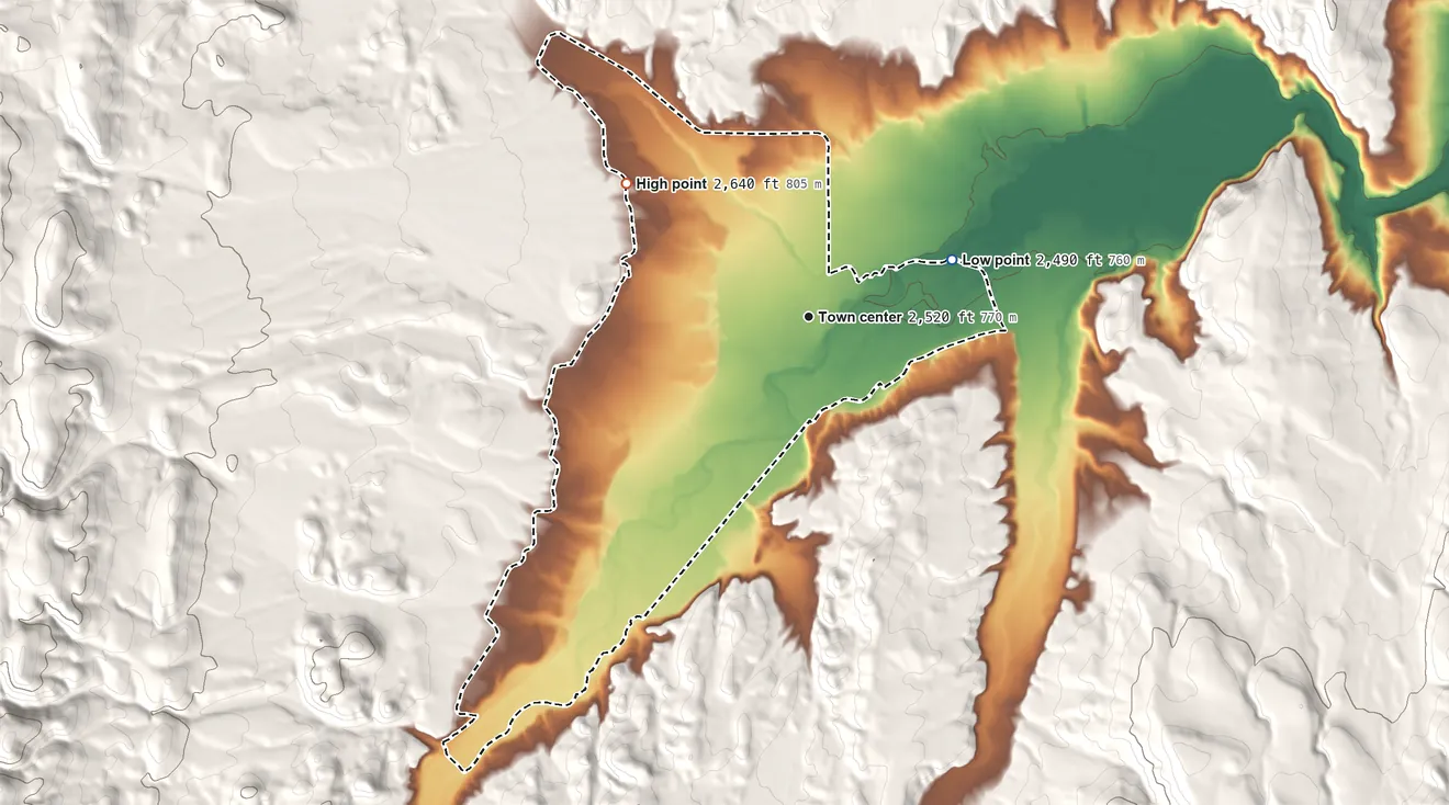 Topographic elevation map of Harper, Oregon, shaded from 2,490 ft on the east side to 2,640 ft on the northwest side