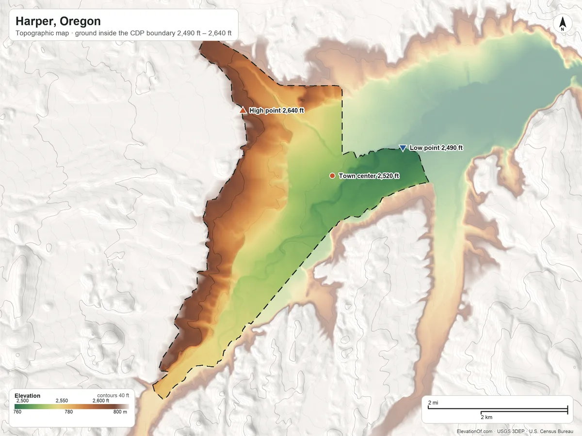Topographic elevation map of Harper, Oregon, shaded from 2,490 ft on the east side to 2,640 ft on the northwest side