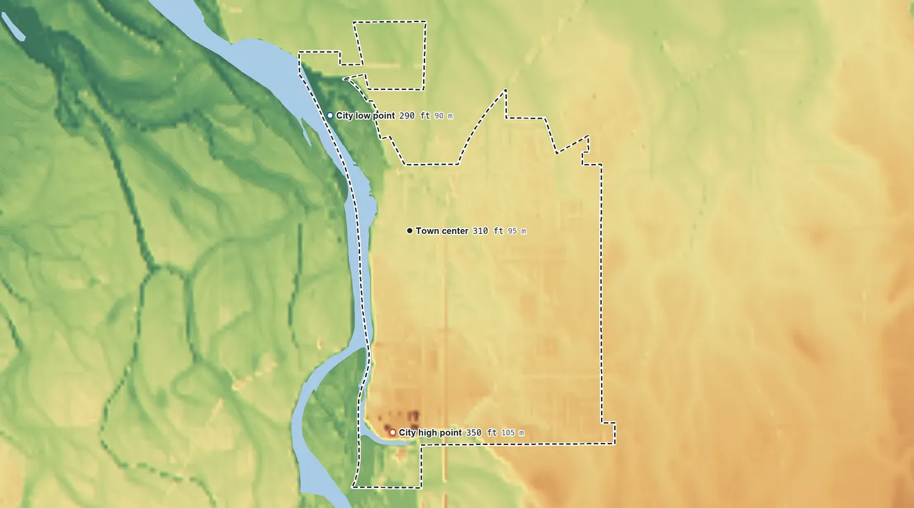 Topographic elevation map of Harrisburg, Oregon, shaded from 290 ft on the northwest side to 350 ft on the south side