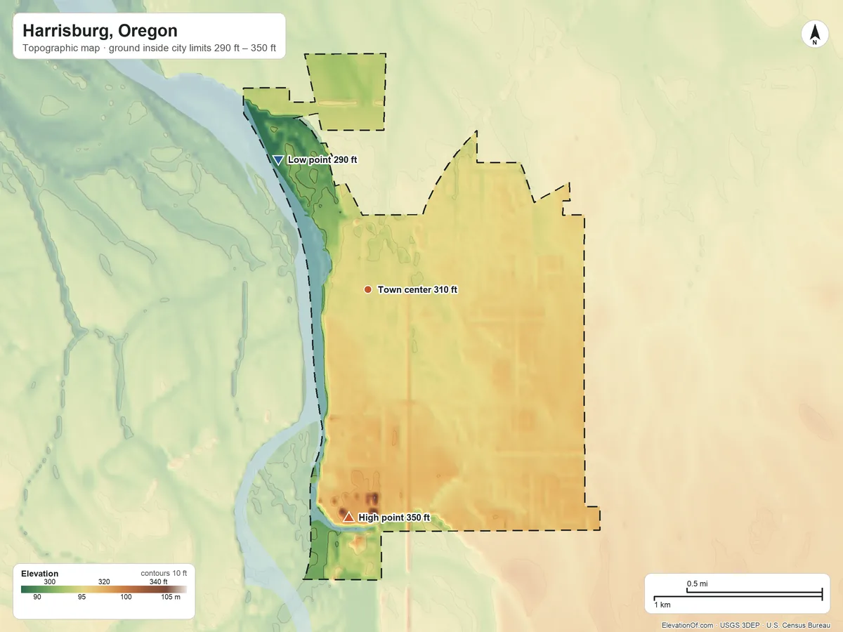 Topographic elevation map of Harrisburg, Oregon, shaded from 290 ft on the northwest side to 350 ft on the south side