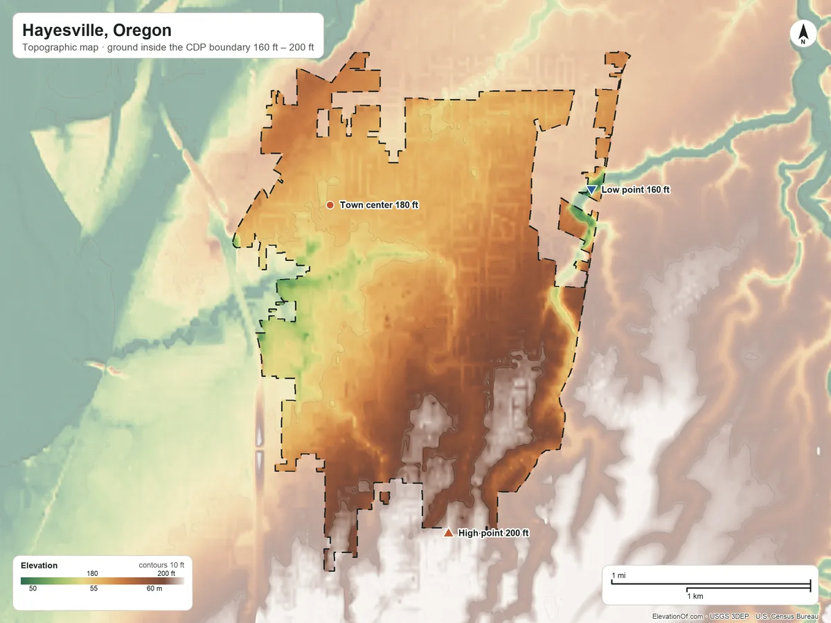 Topographic elevation map of Hayesville, Oregon, shaded from 160 ft on the east side to 200 ft on the south side