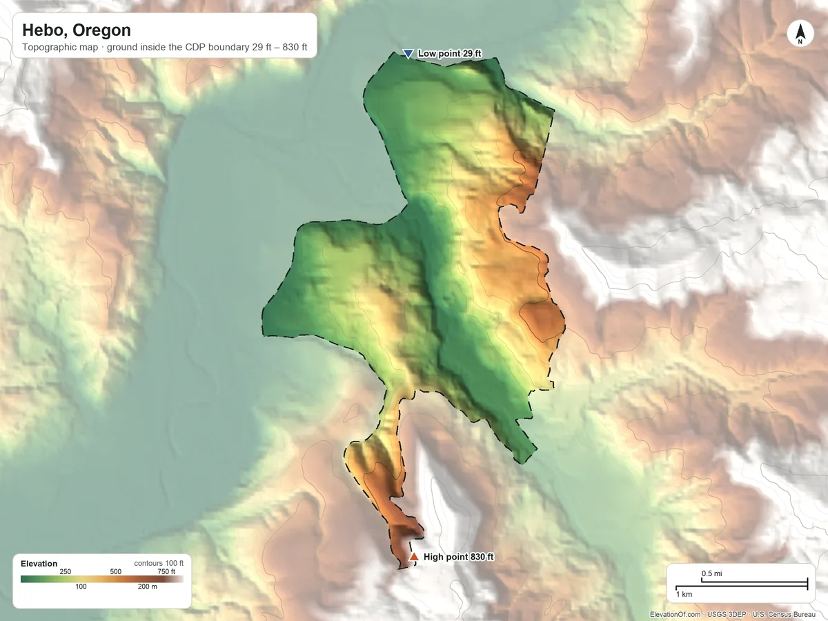 Topographic elevation map of Hebo, Oregon, shaded from 29 ft on the north side to 830 ft on the south edge, below higher ground just outside