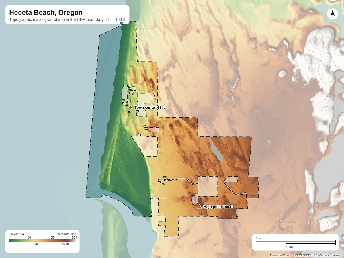 Topographic elevation map of Heceta Beach, Oregon, shaded from 4 ft on the north side to 160 ft on the southeast side