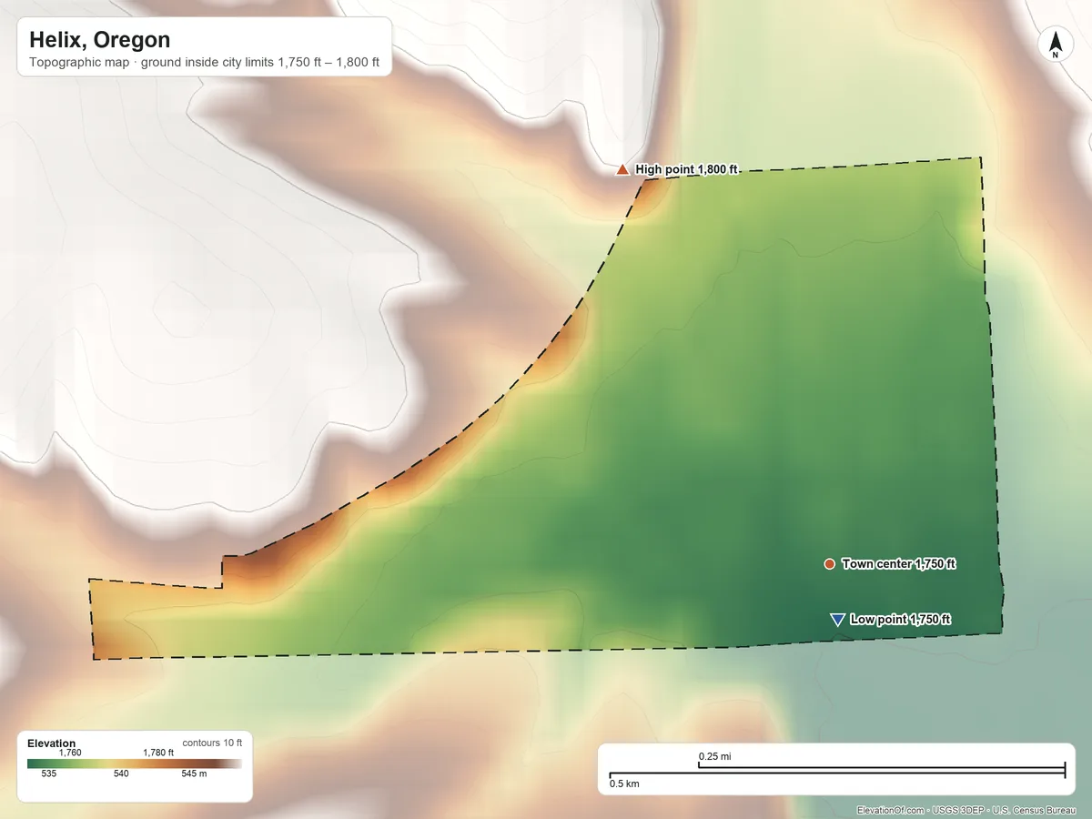 Topographic elevation map of Helix, Oregon, shaded from 1,750 ft near the middle to 1,800 ft on the northwest side