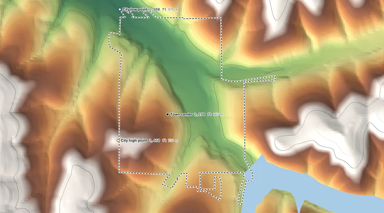 Topographic elevation map of Heppner, Oregon, shaded from 1,880 ft on the northwest side to 2,460 ft on the southwest edge, below higher ground just outside