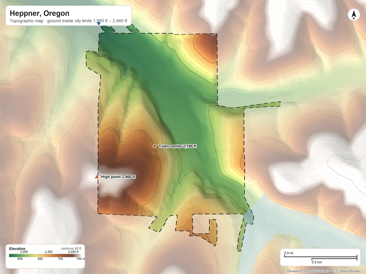 Topographic elevation map of Heppner, Oregon, shaded from 1,880 ft on the northwest side to 2,460 ft on the southwest edge, below higher ground just outside