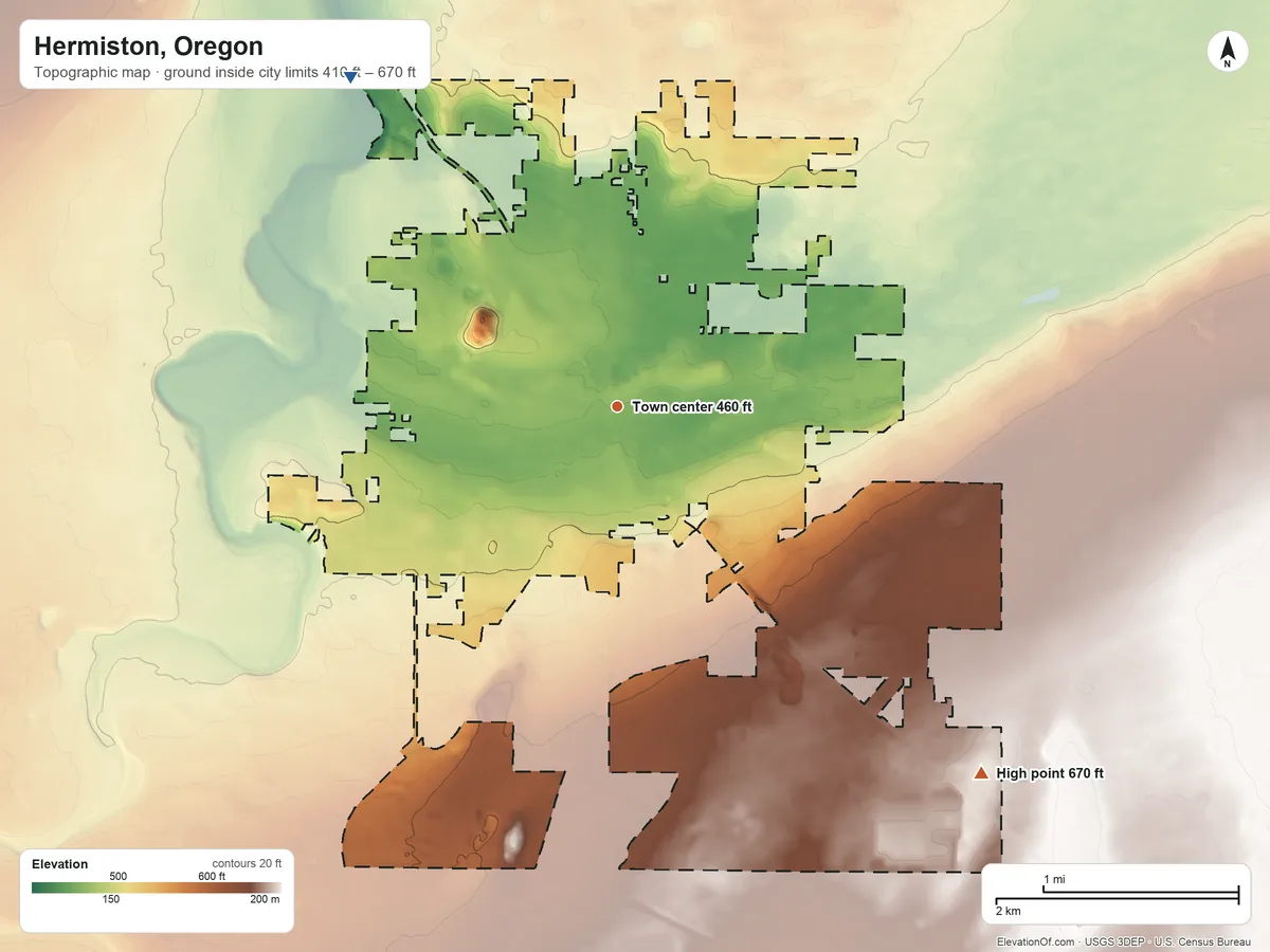 Topographic elevation map of Hermiston, Oregon, shaded from 410 ft on the northwest side to 670 ft on the southeast side
