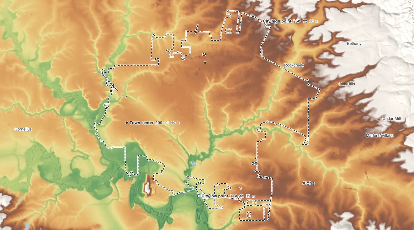 Topographic elevation map of Hillsboro, Oregon, shaded from 110 ft on the southeast side to 260 ft on the northeast side