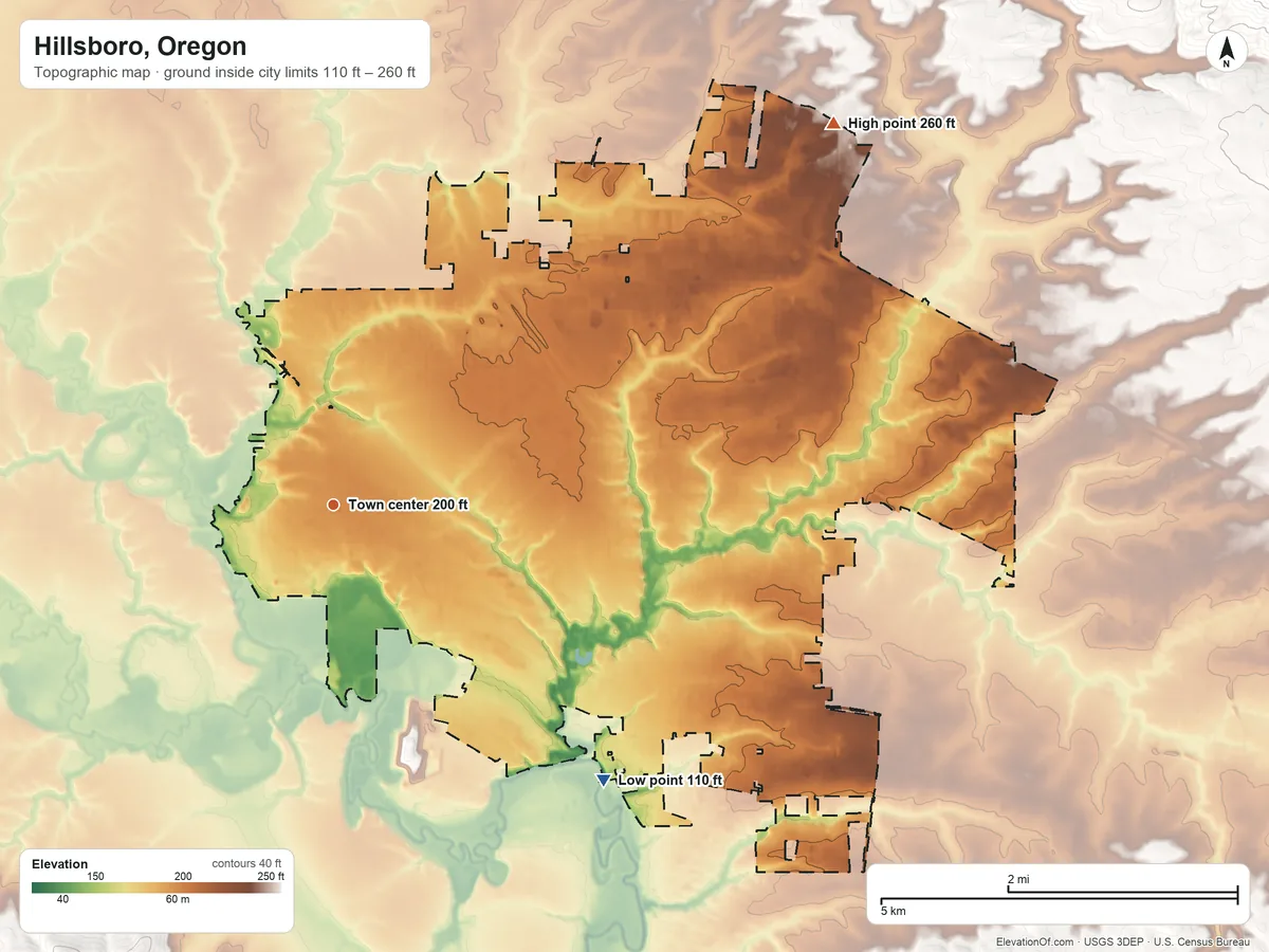 Topographic elevation map of Hillsboro, Oregon, shaded from 110 ft on the southeast side to 260 ft on the northeast side