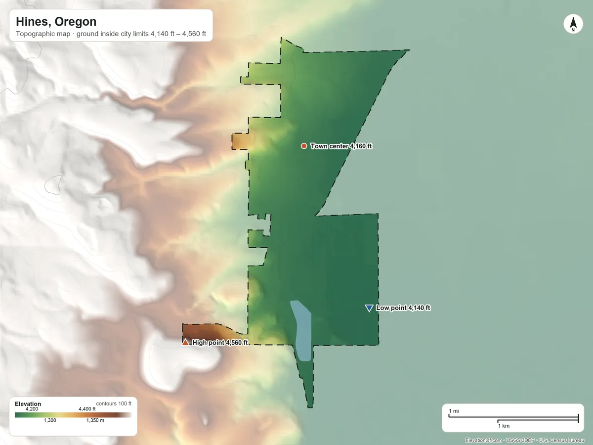 Topographic elevation map of Hines, Oregon, shaded from 4,140 ft on the south side to 4,560 ft on the southwest edge, below higher ground just outside